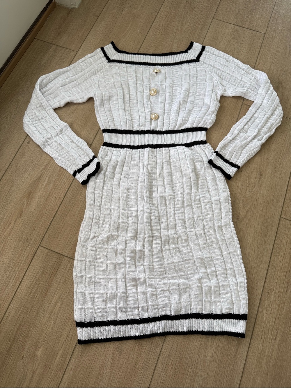 White Knit Long-Sleeve Sweater Dress with Black Trim